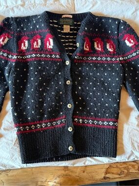 J.McLaughlin Black Penguin HandKnit Cardigan with Red Accents